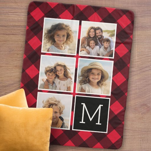 Foto Collage Monogram Red Black Buffalo Pset Sherpa Deken