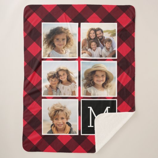 Foto Collage Monogram Red Black Buffalo Pset Sherpa Deken (Voorkant)