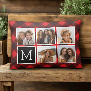 Foto Collage - Monogram Rode Zwarte Buffalo Plaid Accent Kussen