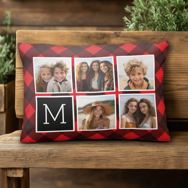 Foto Collage - Monogram Rode Zwarte Buffalo Plaid Accent Kussen (Custom Photo Pillow)
