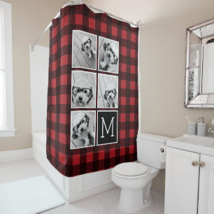 Foto Collage - Monogram Rode Zwarte Buffalo Plaid Douchegordijn