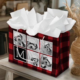 Foto Collage - Monogram Rode Zwarte Buffalo Plaid Groot Cadeauzakje