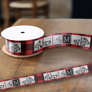 Foto Collage - Monogram Rode Zwarte Buffalo Plaid Grosgrain Lint