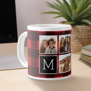 Foto Collage - Monogram Rode Zwarte Buffalo Plaid Grote Koffiekop