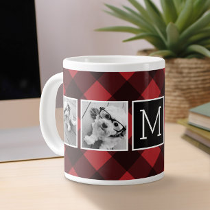 Foto Collage - Monogram Rode Zwarte Buffalo Plaid Grote Koffiekop