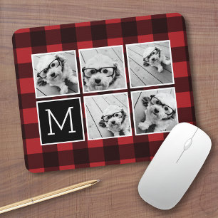 Foto Collage - Monogram Rode Zwarte Buffalo Plaid Muismat