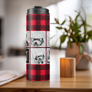 Foto Collage - Monogram Rode Zwarte Buffalo Plaid Thermosbeker