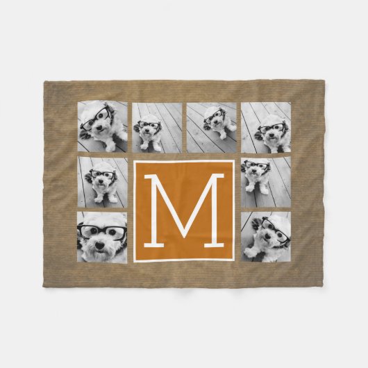 Foto Collage Monogram - Rustic Kraft en Sinaasappe Fleece Deken (Voorkant (Horizontaal))
