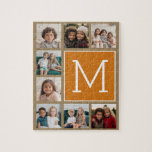 Foto Collage Monogram - Rustic Kraft en Sinaasappe Legpuzzel<br><div class="desc">Warm Autumn Colors met een Natural Brown en Herfst Pumpkin Sinaasappel - U kunt Instagram foto's voor dit ontwerp gebruiken. Gebruik 8 vierkante foto's om een uniek en persoonlijk cadeau te creëer. Of je kunt de hipster puppy houden en een trendy keepslag maken. Als u de afbeeldingen moet aanpassen, klik...</div>