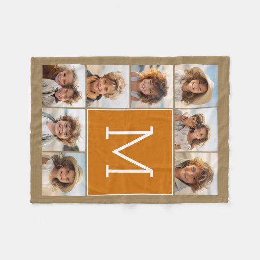Foto Collage Monogram Rustic Kraft en Sinaasappel Fleece Deken (Voorkant (Horizontaal))