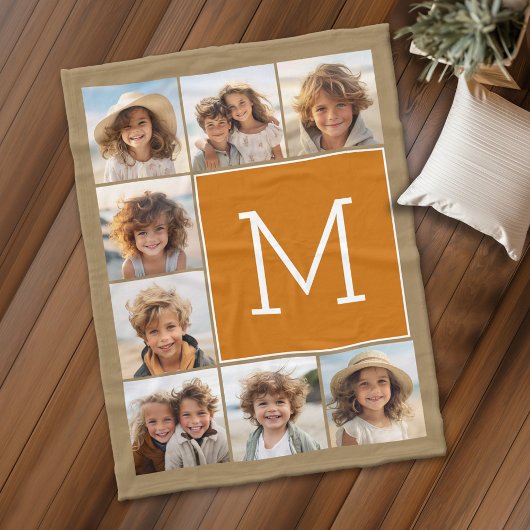 Foto Collage Monogram Rustic Kraft en Sinaasappel Fleece Deken