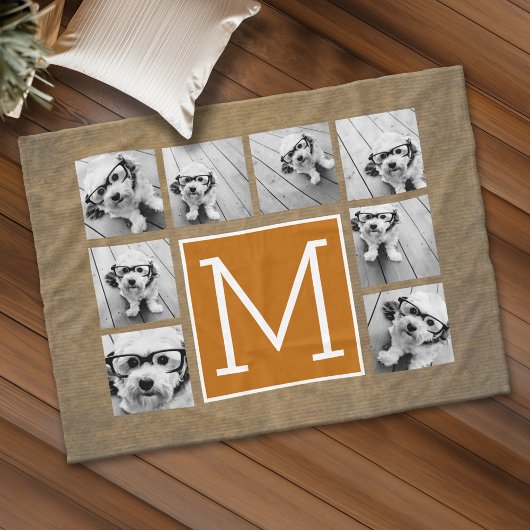 Foto Collage Monogram - Rustiek Kraft en Oranje Fleece Deken