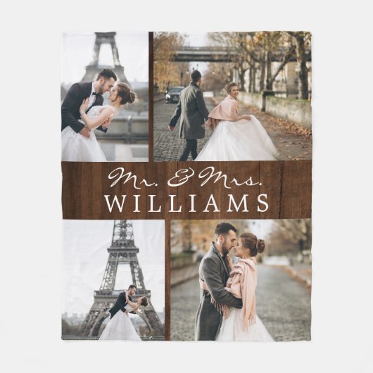 Foto Collage Mr & Mrs Pas getrouwd Monogram Dark W Fleece Deken (Voorkant)