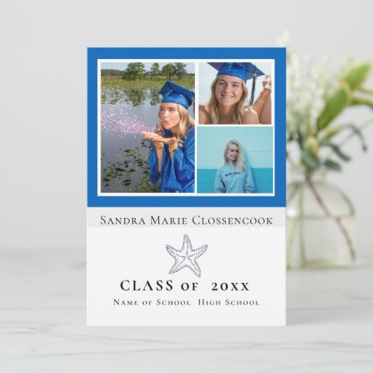 Foto Collage Nautical Blue Starfish afstuderen Aankondiging (Staand voorkant)