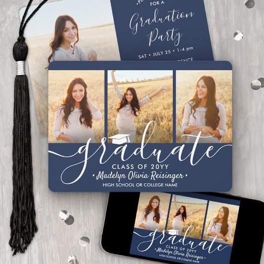 Foto: Collage Navy Blue & White Graduparty Kaart