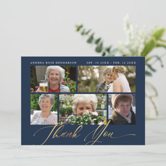 Foto Collage Navy & Gold Calligraphy Funeral Bedankkaart (Staand voorkant)