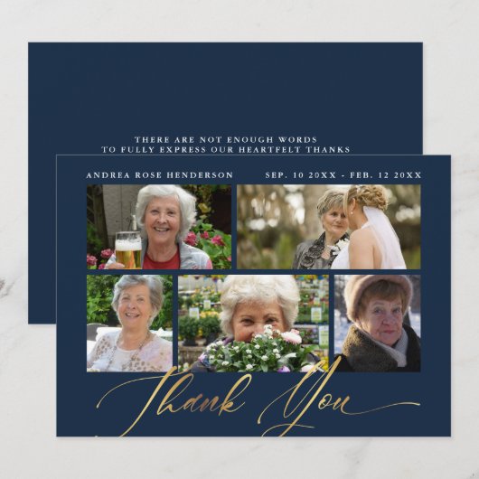 Foto Collage Navy & Gold Calligraphy Funeral Bedankkaart (Voorkant / Achterkant)