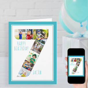 Foto Collage Number 7 Boy 7th Birthday Kaart