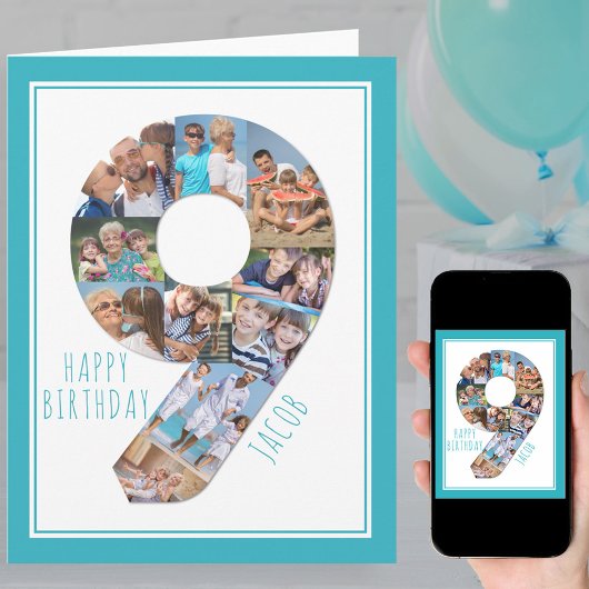 Foto Collage Number 9 Boy 9th Birthday Kaart