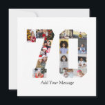 Foto collage nummer 70 feestdagenkaart<br><div class="desc">Dit aanpasbare product is waar foto's worden gerangschikt om de vorm van een nummer te vormen. Het wordt vaak gebruikt voor mijlpaalvieringen zoals verjaardagen, jubilea of prestaties, waardoor gebruikers memorabele beelden kunnen tonen binnen één opvallende weergave. De ontwerpen bieden meestal ruimte voor verschillende fotogroottes en -oriëntaties, waardoor een visueel aantrekkelijke...</div>