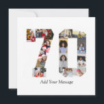 Foto collage nummer 70 feestdagenkaart<br><div class="desc">Dit aanpasbare product is waar foto's worden gerangschikt om de vorm van een nummer te vormen. Het wordt vaak gebruikt voor mijlpaalvieringen zoals verjaardagen, jubilea of prestaties, waardoor gebruikers memorabele beelden kunnen tonen binnen één opvallende weergave. De ontwerpen bieden meestal ruimte voor verschillende fotogroottes en -oriëntaties, waardoor een visueel aantrekkelijke...</div>