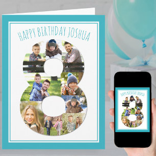 Foto Collage nummer 8 Blue 8th Birthday Card Kaart