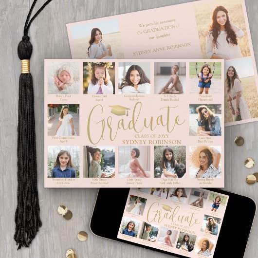 Foto Collage & Onderschriften Blush Roze Afstudere Aankondiging