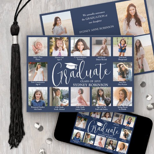 Foto-collage & onderschriften Navyblauwe afstudere Aankondiging