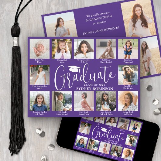 Foto Collage & Onderschriften Paars & Witte Afstud Aankondiging