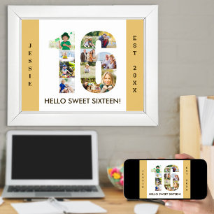 Foto collage op nummer 16 Neutrale 16e verjaardag Poster