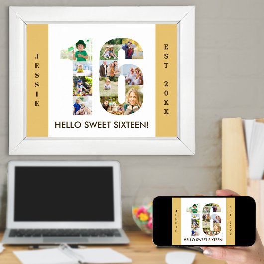 Foto collage op nummer 16 Neutrale 16e verjaardag Poster