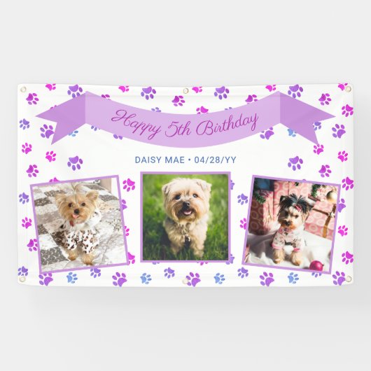 Foto Collage Paars Pink Paw Prints Pet Birthday Spandoek (Horizontaal)