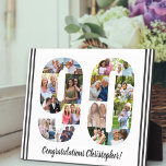 Foto Collage Persoonlijk Aantal 90 Geboortedag Fotoplaat<br><div class="desc">90th Birthday Plaque - gepersonaliseerd met een fotocollage van je favoriete foto's en aangepaste tekst. Het fotomalplaatje is opstelling klaar voor u om uw foto's toe te voegen, die in de vorm van een aantal 90 zullen worden getoond. De formulering, die momenteel luidt "Gefeliciteerd [naam]!", kan ook worden aangepast. Blader...</div>