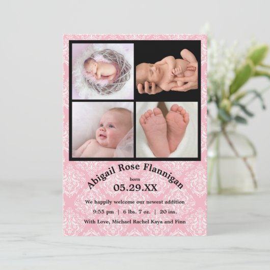 Foto: Collage Pink Damask-Birth Announding Aankondiging (Staand voorkant)