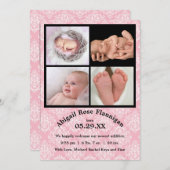 Foto: Collage Pink Damask-Birth Announding Aankondiging (Voorkant / Achterkant)