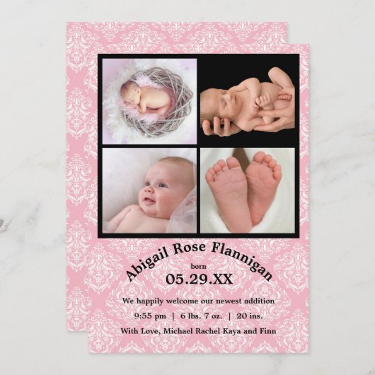Foto: Collage Pink Damask-Birth Announding Aankondiging (Voorkant / Achterkant)