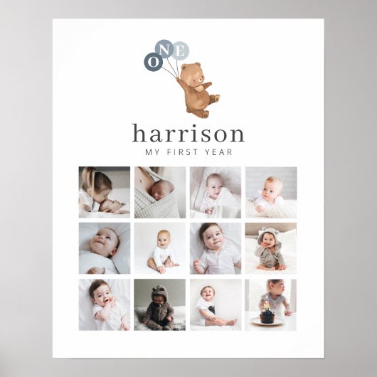 Foto Collage Poster - Beer 3 Blauwe ballonnen (Voorkant)