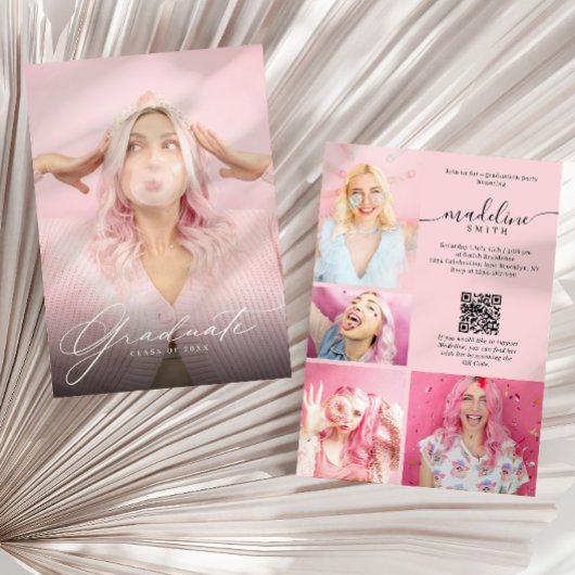 Foto Collage QR-code Blush Roze Afstudeerfeest Kaart