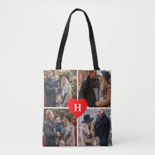 Foto collage Red Heart Shaped Monogrammed Tote Bag