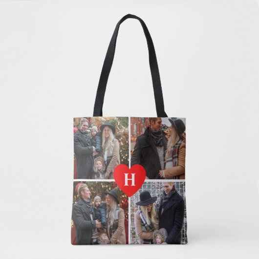 Foto collage Red Heart Shaped Monogrammed Tote Bag (Voorkant)