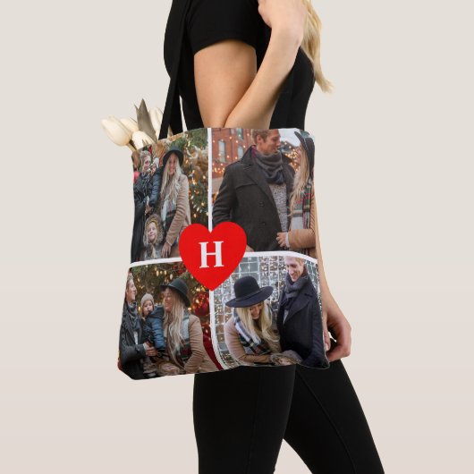 Foto collage Red Heart Shaped Monogrammed Tote Bag (Dichtbij)