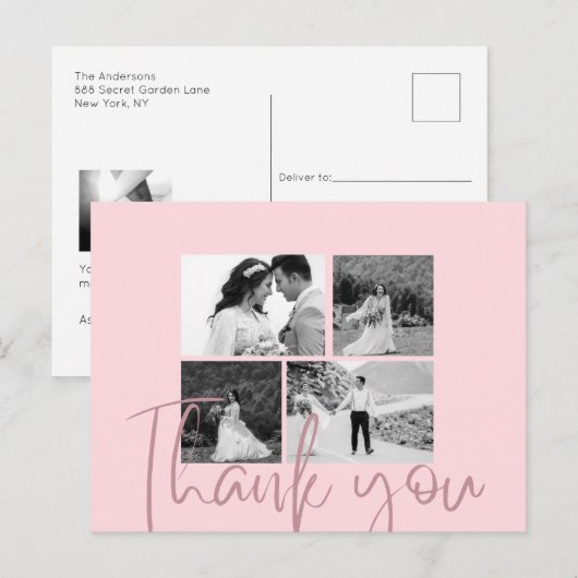 Foto Collage Roos Elegant Wedding Hartelijk dank Briefkaart (Voorkant / Achterkant)