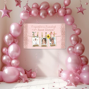 Foto Collage Roos Gold Glitter Sweet 16 Birthday  Spandoek