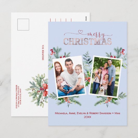 Foto Collage Roos Gold Green Merry kerst Feestdagenkaart (Voorkant / Achterkant)