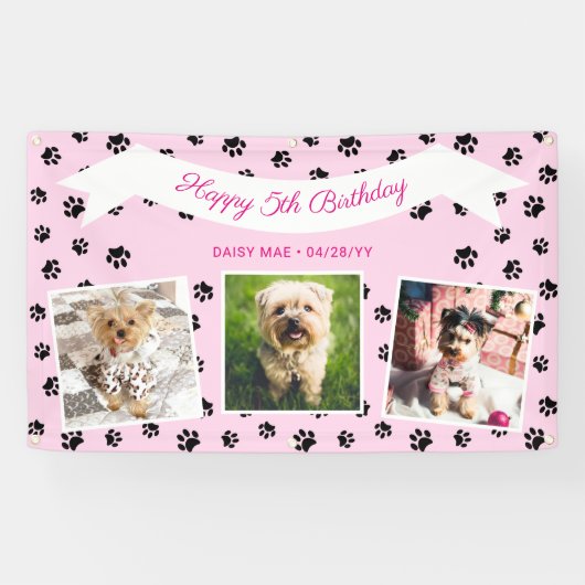 Foto Collage Roze Black Paw Prints Pet Birthday Spandoek (Horizontaal)