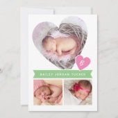 Foto Collage Roze Groene Baby Girl Birth Aankondiging (Voorkant)