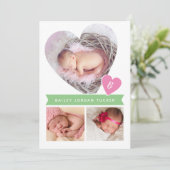Foto Collage Roze Groene Baby Girl Birth Aankondiging (Staand voorkant)