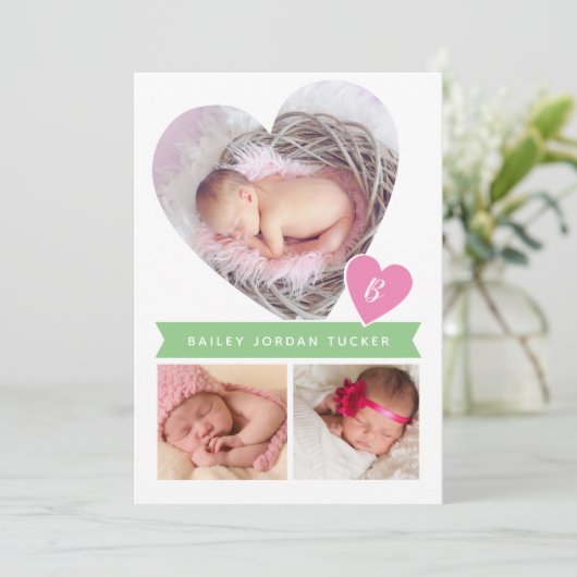 Foto Collage Roze Groene Baby Girl Birth Aankondiging (Staand voorkant)