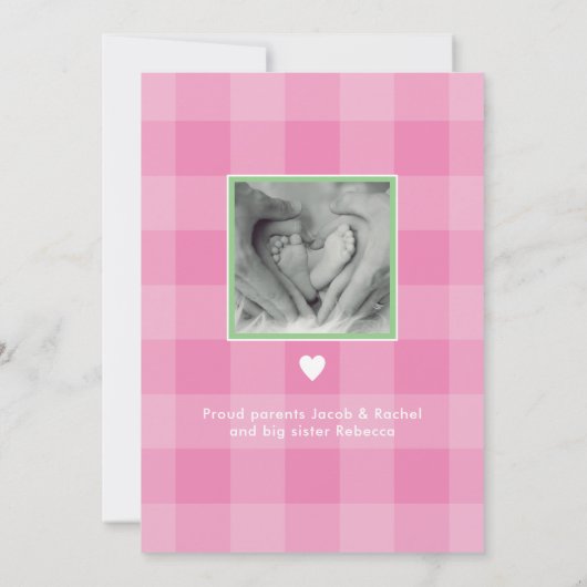 Foto Collage Roze Groene Baby Girl Birth Aankondiging (Achterkant)