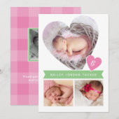 Foto Collage Roze Groene Baby Girl Birth Aankondiging (Voorkant / Achterkant)